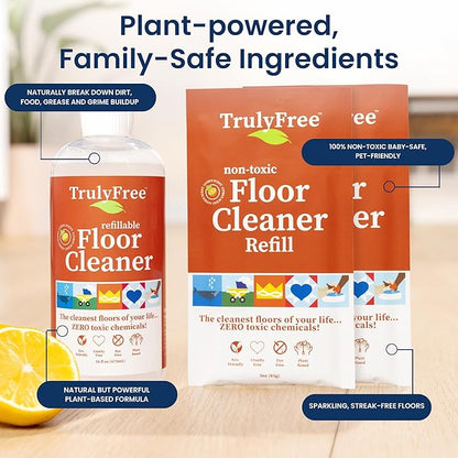 Floor Cleaner Kit - Plant-Based Mopping Solution (16oz Reusable Empty Bottle + Two Pouches, 3oz ea.) - DIY All-Surface Cleaner for Hardwood, Tile, Wood & Concrete
