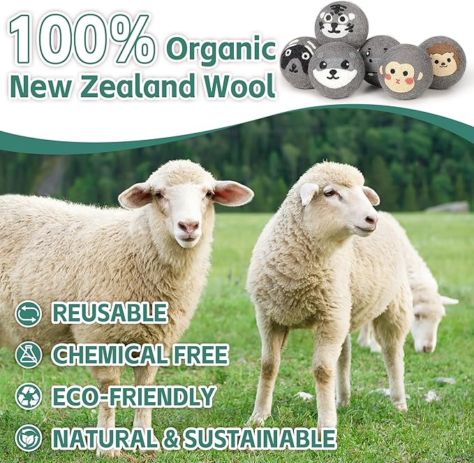 Lypumso Wool Dryer Balls Organic 6 Pack-XL, 100% New Zealand Wool Reusable Fabric Softener for Up to 1000 Loads, Anti Clothing Static and Shorten Drying Time, Baby Safe & Hypoallergenic