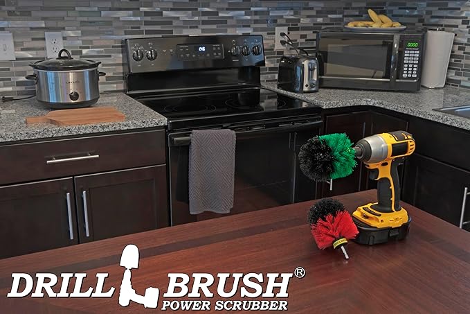 Drill Brush Power Scrubber - Kitchen Cleaning - Dish Brush - Pots and Pans - Cast Iron Cookware - Tile and Grout Brush - Outdoor Cleaning - Stiff Bristle Patio and Deck Brush - Concrete Bird Baths