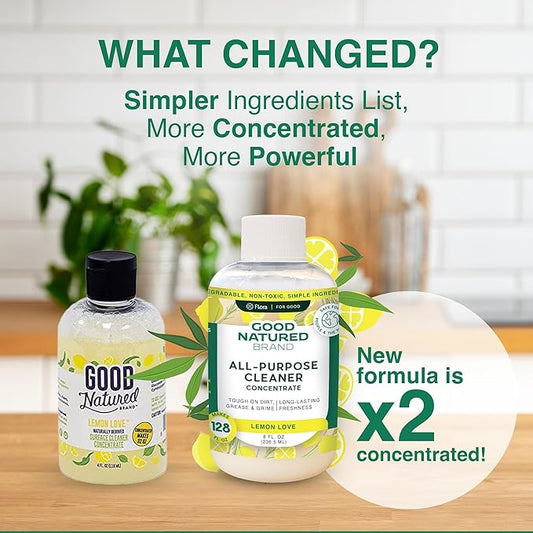 Good Natured Brand All-Purpose Cleaner Concentrate | Multi-Surface Cleaner | Natural Lemon Essential Oil | Multipurpose Cleaner Concentrate All Surfaces | Lemon Love | 8oz makes 128oz