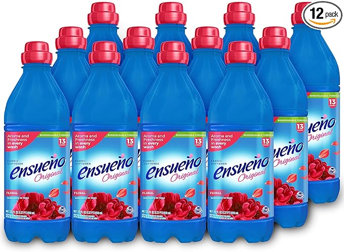 Ensueño Hypoallergenic Liquid Fabric Softener - Floral Scent - (12 Pack) 22 fl oz - Plant-Based Fabric Softener - Softens 156 Loads - Long-Lasting Aroma