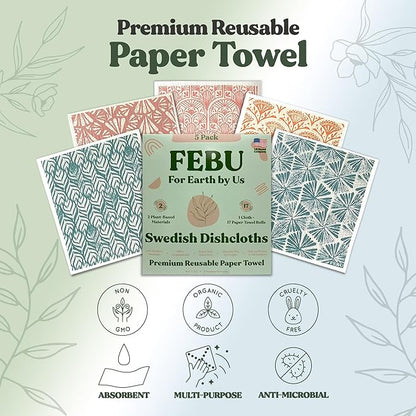 FEBU Swedish Dishcloths for Kitchen | 5 Pack Stamps Reusable Paper Towels Washable | Swedish Dish Towels | Non-Scratch Cellulose Sponge Cloths | No Odor, Biodegradable Cleaning Cloths