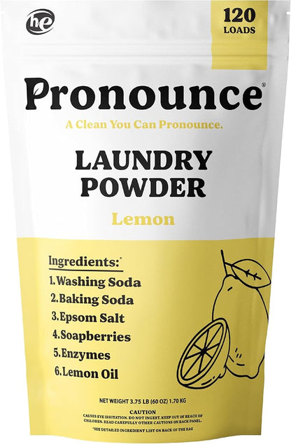 Pronounce Laundry Detergent Powder Alternative | Earth-Derived Ingredients, Eco-Friendly, Safer for Sensitive Skin, Eczema, and Babies. Stain + Smell Fighting. HE Safe (Lemon, 120 Loads).