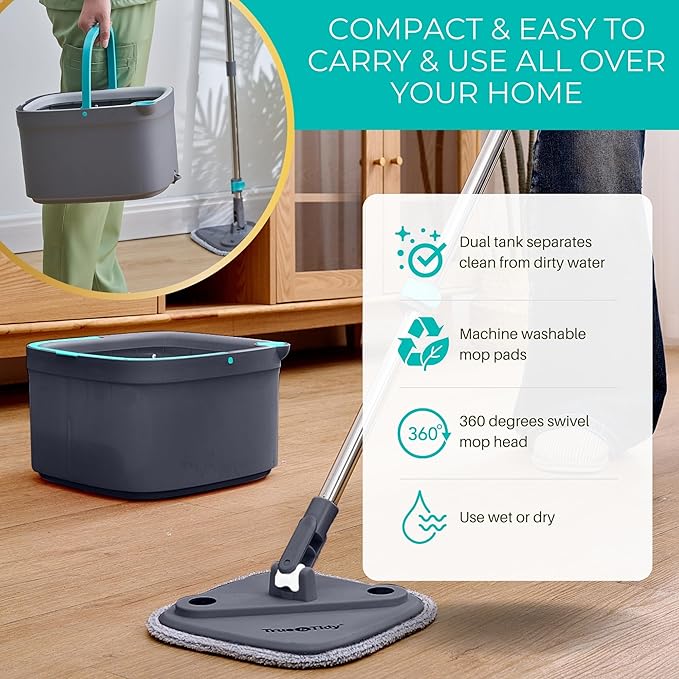 True & Tidy True Clean Spin Mop & Bucket System – Dual Compartment Design for Clean & Dirty Water, 360° Swivel Mop Head, Built-in Scrubbing Brush, Stainless Steel Handle & 2 Reusable Microfiber Pads