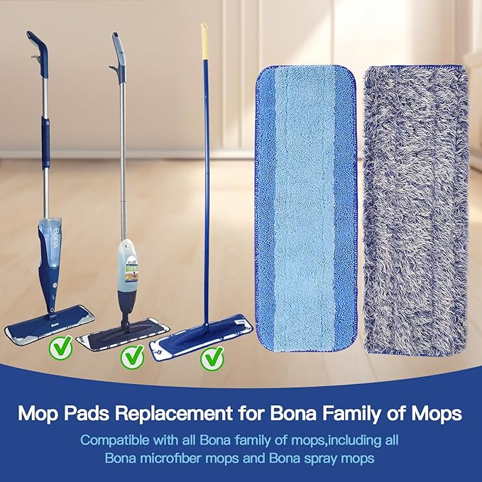 6 Pack Mop Pads Replacement Compatible with Bona Mop Washable Reusable Microfiber Cleaning Pad Hardwood Floor Cleaner Multi-Surface Cleaner Refill 3 Deep Cleaning Pad++3 Microfiber Dusting Pad System