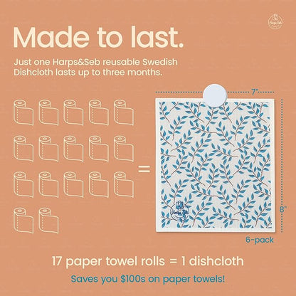 Harps&Seb Swedish Dishcloths for Kitchen Dish Towels - 6 Pack, Reusable Paper Towels with Clips, Super Absorbent Washable Non-Scratch Swedish Dish Towels, No Odor, Biodegradable