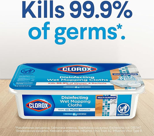Clorox Disinfecting Wet Mop Pad, Disposable Mop Heads, Multi-Surface Floor Wipes, Rain Clean, 2 Packs, 24 Wet Refills Per Pack (Package May Vary)