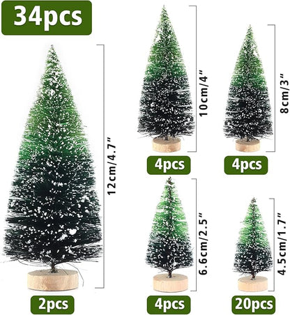 34Pcs Mini Christmas Trees - Artificial Christmas Tree Bottle Brush Trees with 5 Sizes, Snow Trees with Wooden Base for Christmas Decor Christmas Party (Grass Green)