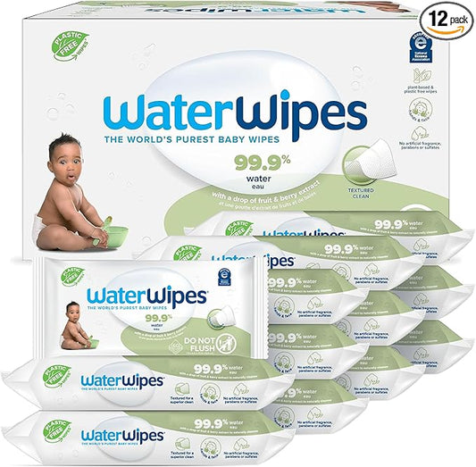 WaterWipes Plastic-Free Textured Clean, Toddler & Baby Wipes, 99.9% Water Based Wipes, Unscented & Hypoallergenic for Sensitive Skin, 60 Count (12 packs), Packaging May Vary