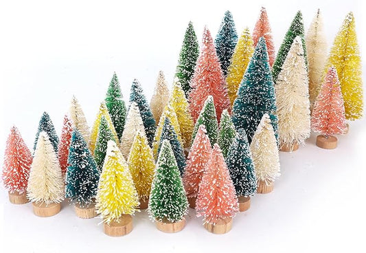Christmas Decorations Mini Christmas Tree 35pcs,Mini Miniature Christmas Pine Tree Bottle Brush Trees Wooden Bases Tree for Your Village Desktop Xmas Holiday Party (Pink,Yellow,Blue,Green,Beige)