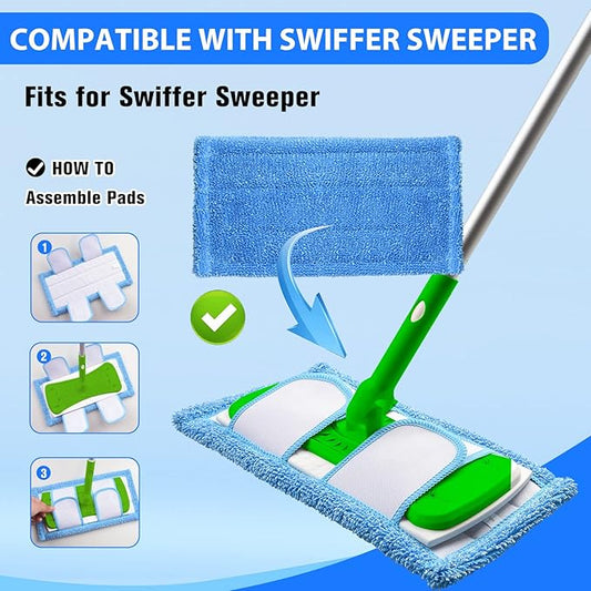 2 Pack Reusable Microfiber Mop Pads Compatible for Swiffer Sweeper & All 10-12 Inch Flat Mop, Upgraded Wet Dry Cleaning Pads for All Hard-Floor, Washable Sweeper Refills