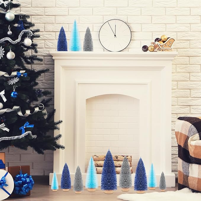 Leyndo 9 Pcs Blue Color Mini Sisal Bottle Brush Trees Small Artificial Christmas Tree with Wood Base Christmas Pine Decor for Winter Home Table Party Decor