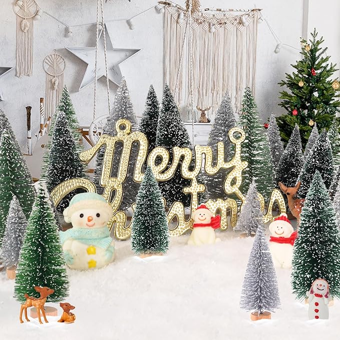 Mini Christmas Tree Christmas Decorations 30Pcs - Bottle Brush Christmas Trees with 5 Sizes, Miniature Pine Trees with Wooden Base for Christmas Party Home Table Craft Decor (Silver+Green+DarkGreen)