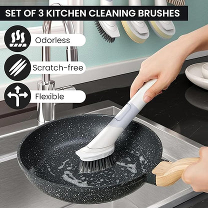 Set of 3 Kitchen Cleaning Brushes - Dish Cleaner with Soap Dispenser and 4 Replacement Heads, Bottle Cleaner & Cutlery Scrubber - Cleaning Set for All Kitchen Utensils