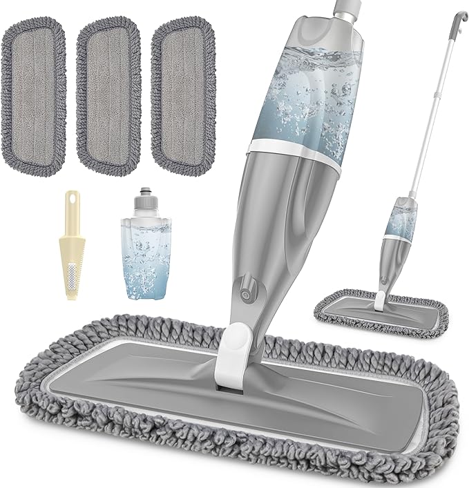 Microfiber Spray Mops for Floors Cleaning,EXEGO Dust Mop Wet Mop with 3 Washable Pads,440ML Refillable Water Tank and 1 Scraper Floor Mop for Hardwood,Laminate Floors,Ceramic