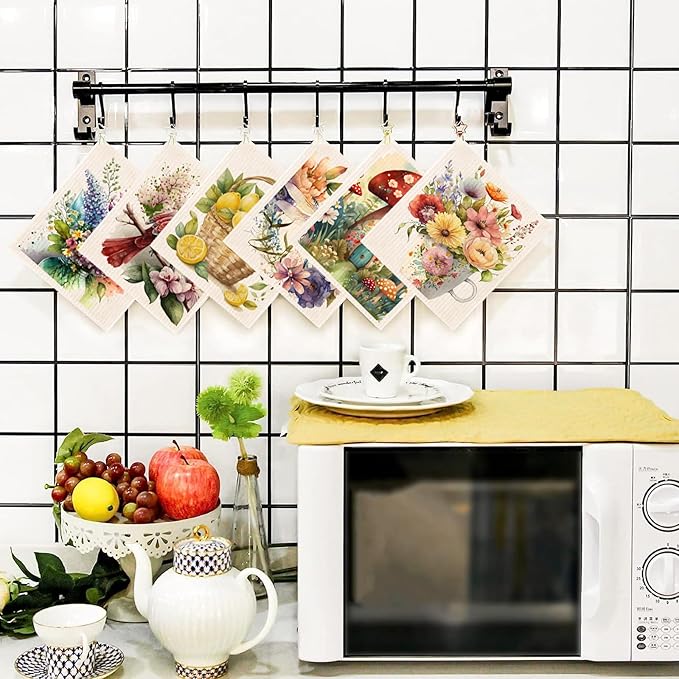 Morigins Spring Flowers Bird Swedish Dish Cloths - 6 Pack Reusable Compostable Kitchen Cloth, Cellulose Sponge Dish Towel Set