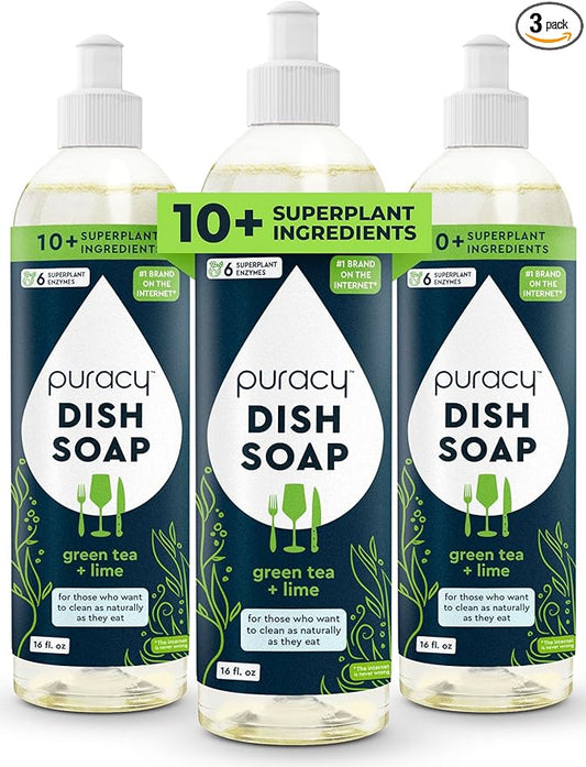 Puracy Natural Dish Soap - Skin-Softening Plant-Based Dishwashing Soap, Non-Toxic Dish Soap, Organic Liquid Dishwashing Detergent Soap (Green Tea & Lime, 16 fl oz, 3 Pack)