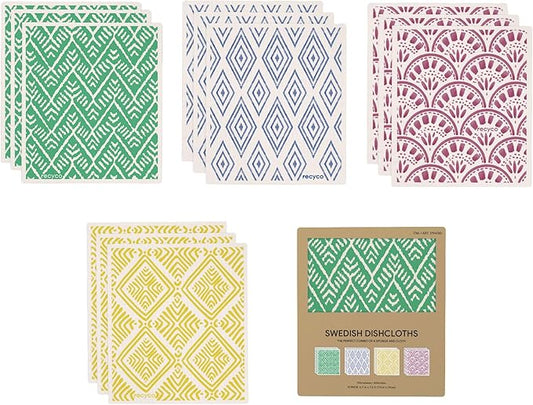 RECYCO Reusable Dish Cloth 12 Pack Swedish Dish Clothes for Kitchen Counter Cotton Cellulose Absorbent Machine Washable Plant Based Okeo Tex Standard 100 Sponge Wipes Women Owned (Boho)