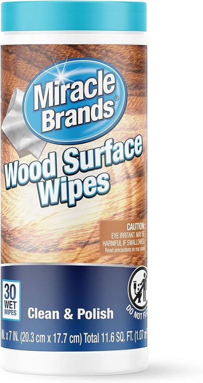 MiracleWipes for Wood Surfaces, Remove Dirt and Grime Buildup, Clean, Protect, and Polish Cabinets, Furniture, and Wood Floors, Great for Kitchen and Bathroom Cleaning Support - 30 Count
