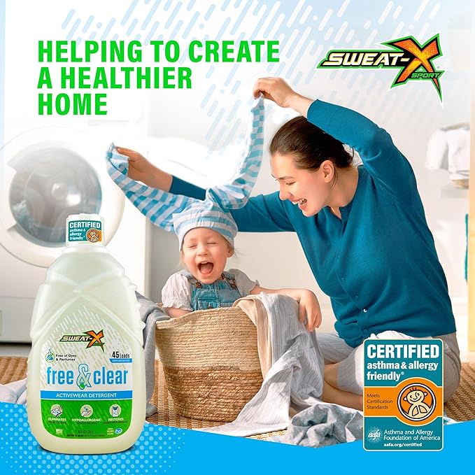 Sweat X Free & Clear Activewear Laundry Detergent – Certified Asthma & Allergy Friendly® – Hypoallergenic – Remove the Worst Odors & Toughest Stains – High-Performance Sports Wash – 45 Loads – 2 Pack