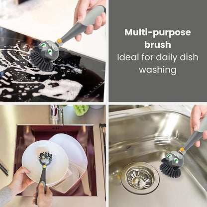 Vigar Felix Cat-Shaped Soap Dispensing Dish Brush, Dish Brush with Soap Dispenser for Pot Scrubber, Dishes, Sink, and Kitchen Essentials, Black, Gray