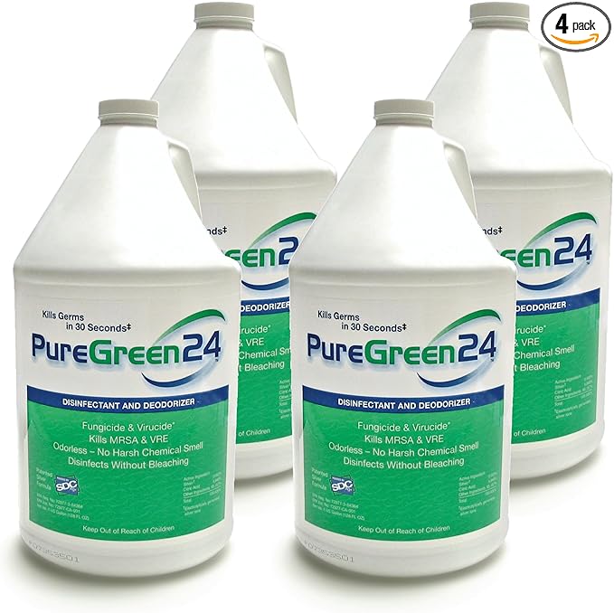 PureGreen24 Safe & Effective Disinfectant. Kills Deadly Germs including RSV COVID-19 Norovirus MRSA Staph 2025 flu Contains no toxic chemicals odorless child & pet safe 4 gallon bottles ready to use