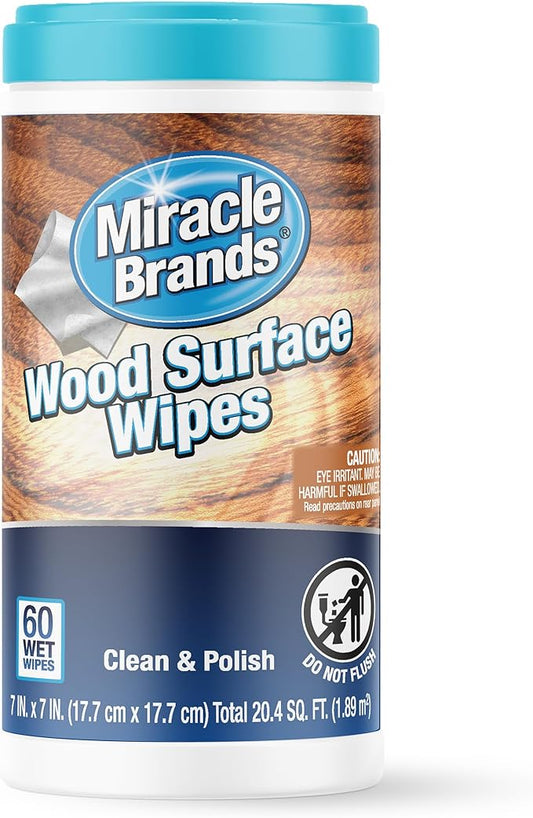 MiracleWipes for Wood Surfaces, Remove Dirt and Grime Buildup, Clean, Protect, and Polish Cabinets, Furniture, and Wood Floors, Great for Kitchen and Bathroom Cleaning Support - 60 Count
