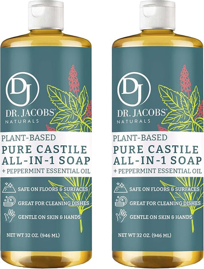 Dr. Jacobs Naturals Peppermint Castile Soap All-Purpose Cleaner, Effective Plant-Based Formula for House Cleaning. Eco-friendly for Home Essentials and the Planet (32 Fl Oz, 2 Pack)