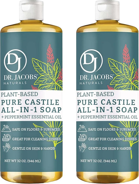 Dr. Jacobs Naturals Peppermint Castile Soap All-Purpose Cleaner, Effective Plant-Based Formula for House Cleaning. Eco-friendly for Home Essentials and the Planet (32 Fl Oz, 2 Pack)