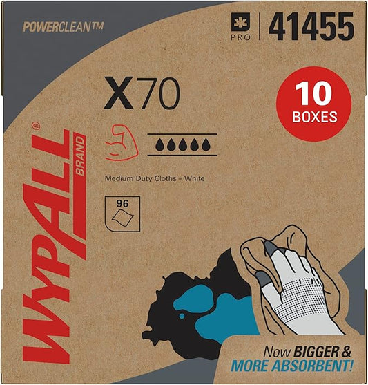 WypAll PowerClean X70 Cloths Medium Duty Wipes (41455), Pop-Up Box, Long Lasting Towels, White (10 Packs of 96 Sheets,960 Sheet Total)