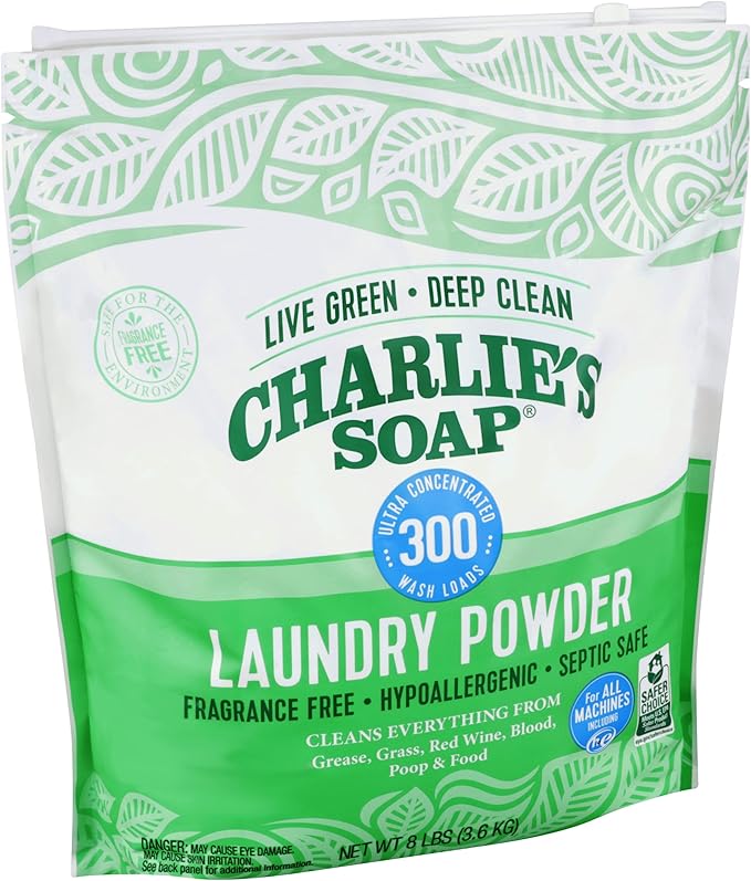 Charlie's Soap Hypoallergenic Laundry Powder 8lb Bag, Pack of 2, 600 Loads Total, Deep Cleaning Washing Detergent – Eco-Friendly, Safe, and Effective