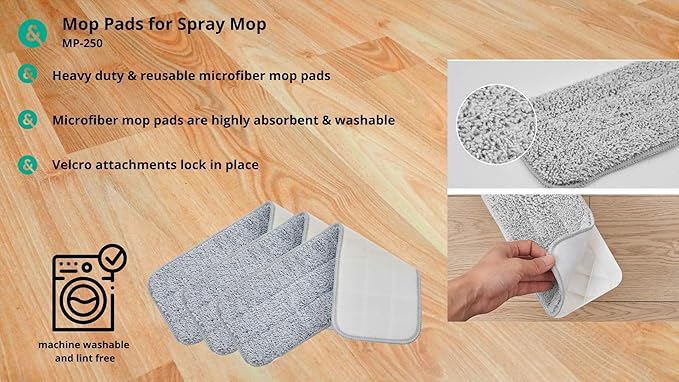 True & Tidy® Extra Thick Microfiber Mop Pad Pack Refill for SPRAY-250, SPRAY-360 Spray Mop Kit SWEEP-180 Sweeper, Machine Washable up to 100x, 15.5 x 5 inch (9-Pack)