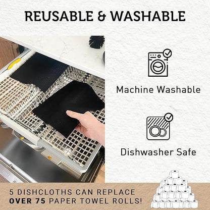 Nordhus Design Large Swedish Dishcloths, 5 Black Cloths, Made in Sweden - 9.5x8 inch Reusable, Washable Cellulose Cotton Kitchen Cloths - Replace Paper Towels, Wipes, Sponges, Dish Rags