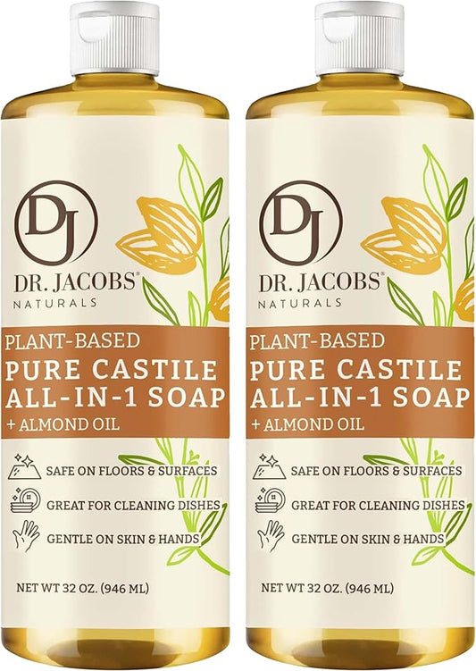 Dr. Jacobs Naturals Almond Castile All-In-One Cleaner and Soap, Effective Plant-Based Formula for House Cleaning Floors & Appliances. Eco-friendly for Home Essentials and the Planet (32 Fl Oz, 2 Pack)