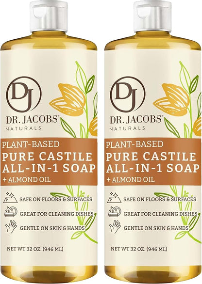 Dr. Jacobs Naturals Almond Castile All-In-One Cleaner and Soap, Effective Plant-Based Formula for House Cleaning Floors & Appliances. Eco-friendly for Home Essentials and the Planet (32 Fl Oz, 2 Pack)