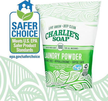 Charlie’s Soap Laundry Powder (100 Loads, 3 Pack) Hypoallergenic Deep Cleaning Washing Powder Detergent – Eco-Friendly, Safe, and Effective