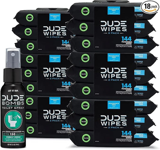 DUDE Wipes - Flushable Wipes with DUDE Bombs Toilet Spray - 18 Pack, 864 Wipes + 1 Spray Bottle - Unscented Extra-Large Adult Wet Wipes with Vitamin-E & Aloe - Forest Fresh Stank Eliminator