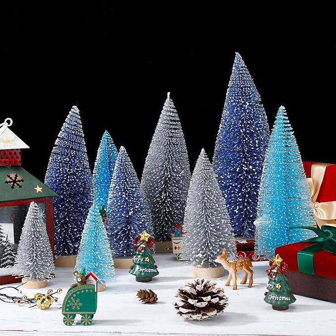Leyndo 9 Pcs Blue Color Mini Sisal Bottle Brush Trees Small Artificial Christmas Tree with Wood Base Christmas Pine Decor for Winter Home Table Party Decor