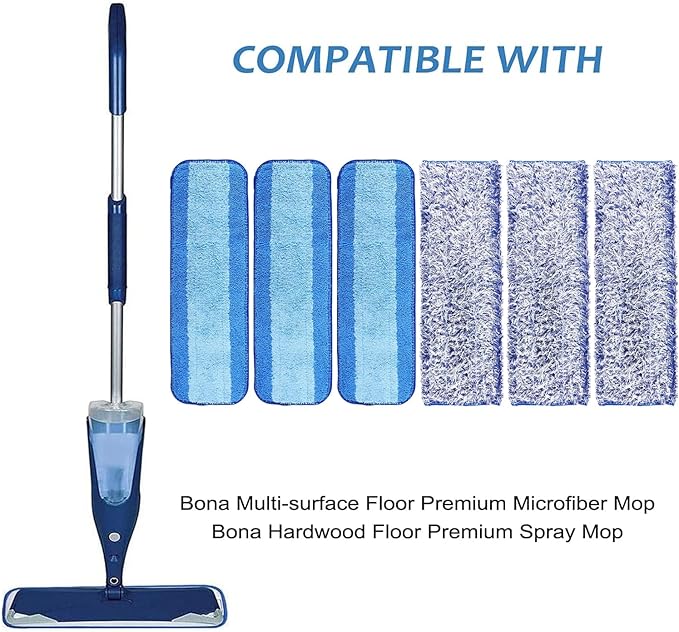 6 Pack Microfiber Spray Mop Pads for Bona Mop, Reusable Microfiber Cleaning Pads for Hardwood Floor 18 Inch Fits E-Cloth Mop, for Turbo Mop, for Norwex Mop (3+3 Pack)