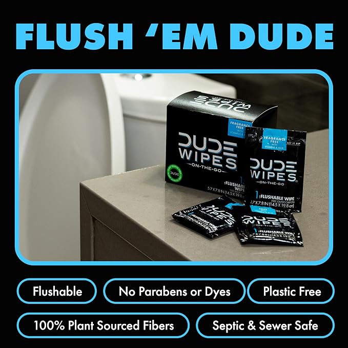 DUDE Wipes - On-The-Go Flushable Wipes - 1 Pack, 30 Wipes - Unscented Extra-Large Individually Wrapped Adult Wet Wipes - Vitamin E & Aloe - Septic and Sewer Safe