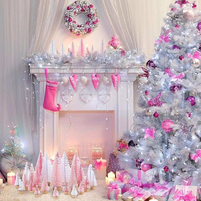 Leyndo 24 Pcs Pink Artificial Mini Christmas Tree Xmas Sisal Bottle Brush Trees with Wood Base Christmas Decor for Xmas Party Table Top Winter Ornaments Home Kitchen Crafts
