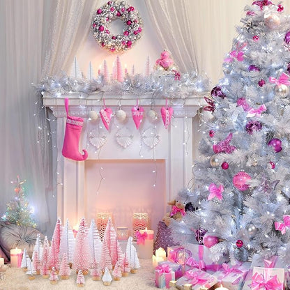Leyndo 24 Pcs Pink Artificial Mini Christmas Tree Xmas Sisal Bottle Brush Trees with Wood Base Christmas Decor for Xmas Party Table Top Winter Ornaments Home Kitchen Crafts