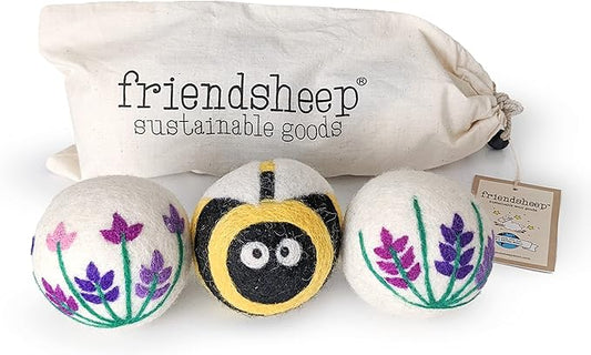 Wool Dryer Balls by Friendsheep 3 Pack XL Organic Premium Reusable Cruelty Free Handmade Fair Trade No Lint Fabric Softener Lavender Fields Bee Flower