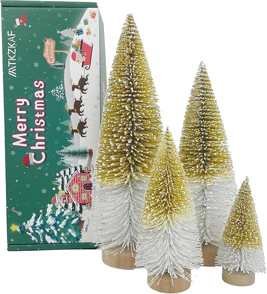 Mini Christmas Trees Bottle Brush Christmas Trees for Christmas Decorations Multicolor Table Top Gradient Christmas Tree with Wooden Base (Gold+White)