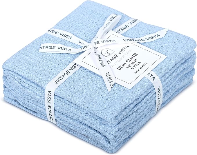 100% Cotton Waffle Dish Cloths (Pack of 6) - Dish Rags for Washing Dishes - Reusable & Highly Absorbent Kitchen Towels - Multipurpose Kitchen Rags - (12" x 12" - Light Blue)