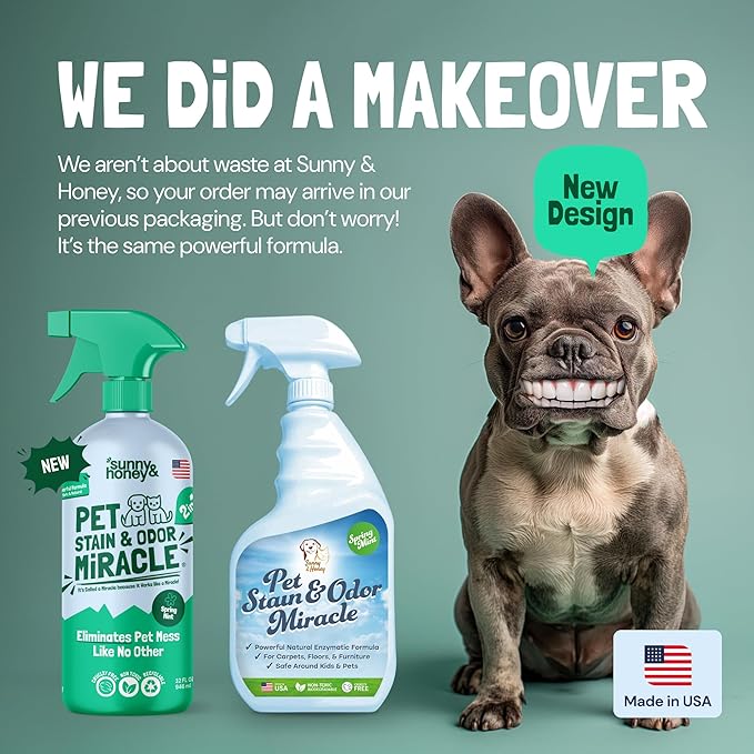 Sunny & Honey Pet Stain & Odor Miracle - Enzyme Cleaner for Dog Urine & Cat Pee - Pet Odor & Stain Remover Spray for Carpet, Mattress, Furniture - Carpet Cleaner (32 Fl Oz, Spring Mint Scent)
