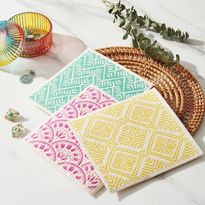 RECYCO Reusable Dish Cloth 12 Pack Swedish Dish Clothes for Kitchen Counter Cotton Cellulose Absorbent Machine Washable Plant Based Okeo Tex Standard 100 Sponge Wipes Women Owned (Boho)