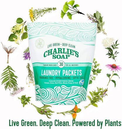 Charlie's Soap - Unscented Powdered Laundry Packets 30 Count (2 Pack 60 Total Loads)