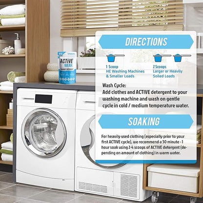 Active Wear Laundry Detergent & Soak - Formulated for Sweat and Workout Clothes - Natural Performance Concentrate Enzyme Booster Deodorizer - Powder Wash for Activewear Gym Apparel (90 Loads)