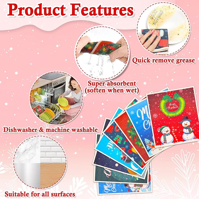 Lucomb 8 Pack Christmas Swedish Dishcloths Reusable, Kitchen Sponges Soft Absorbent Swedish Towels Dish Cloths Washable Decorative for Kitchen Washing Dishes Bathroom Office Hand Towel Cleaning